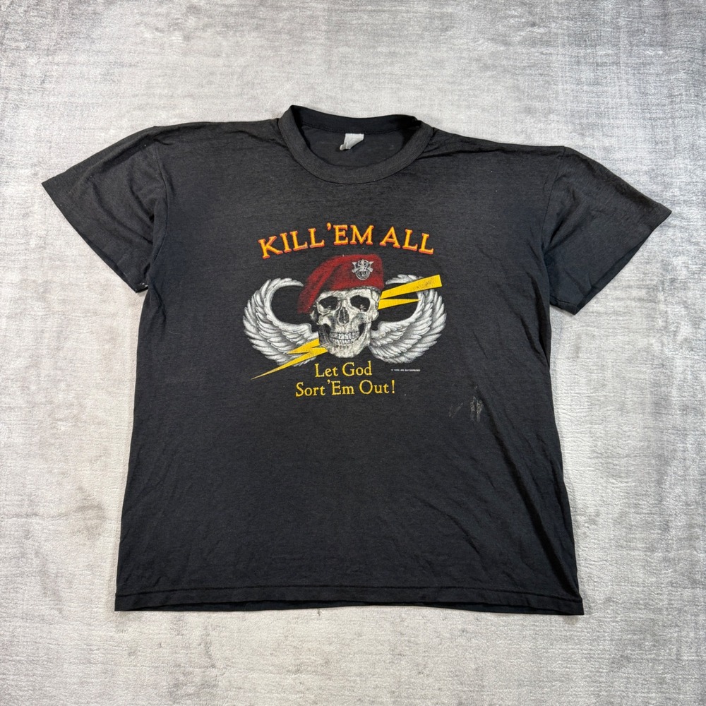 Vintage Special Forces Shirt Mens XL Black Kill Em All Skull Military Paper Thin